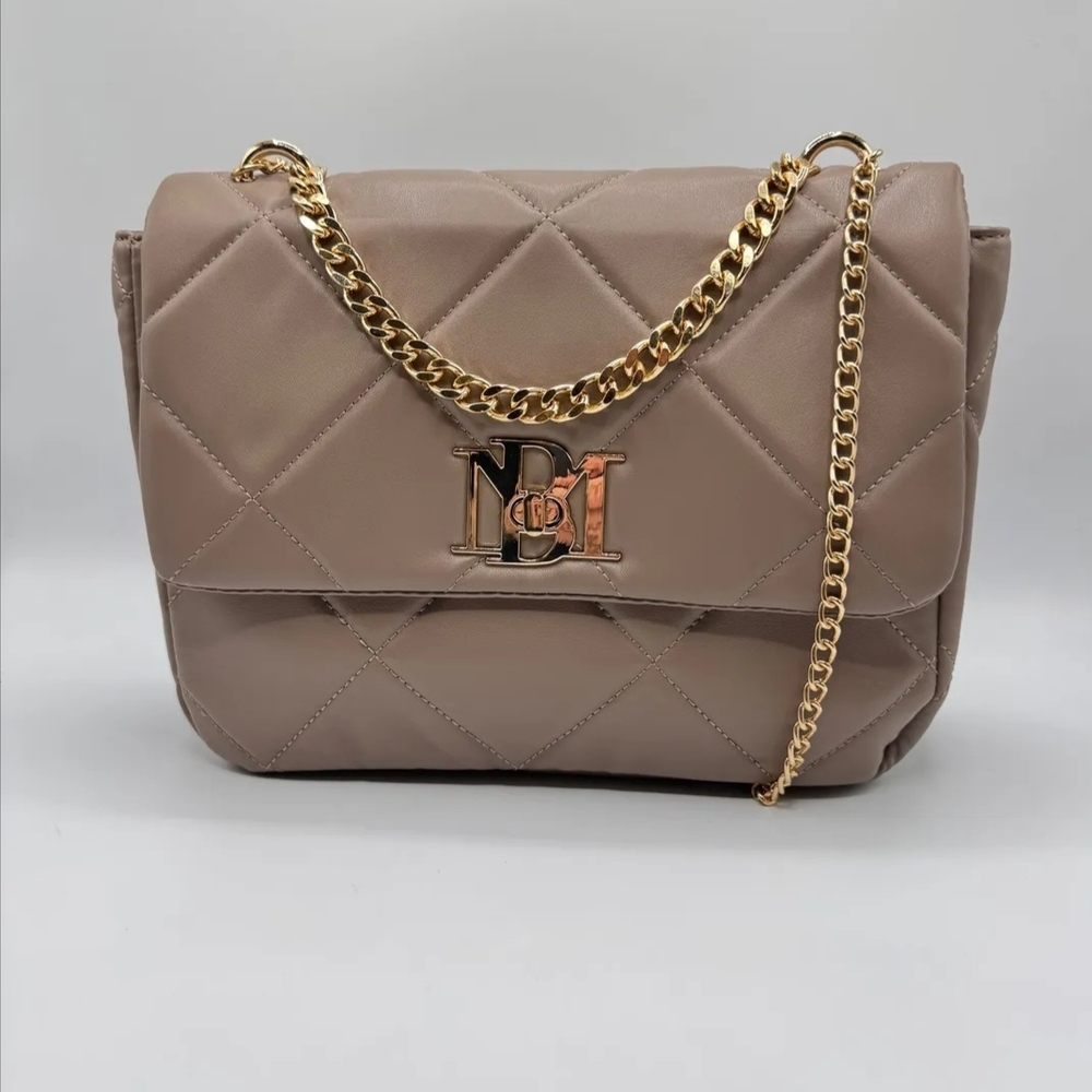 Badgley Mischka Taupe Quilted Shoulder Bag with Gold Chain